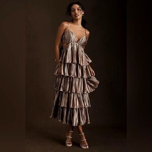 ⚜️BHLDN x Carly Cushnie Brenna Tiered Pleated V-Neck Cutout Bronze Midi Dress